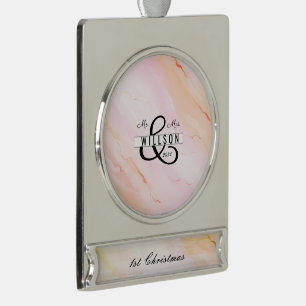 Mr & Mrs 1st Christmas Banner Roze Waterverf Verzilverd Banner Ornament