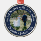 Mr & Mrs. 1st kerstfoto Manuscript Navy and White Metalen Ornament (Voorkant)