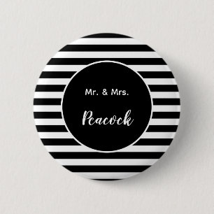 Mr & Mrs Achternaam Black and White Stripes Ronde Button 5,7 Cm