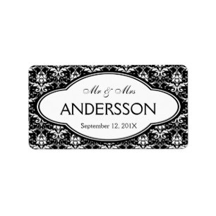 Mr. Mrs. Achternaam Bold Zwart Wit Elegant Damask Etiket