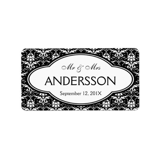 Mr. Mrs. Achternaam Bold Zwart Wit Elegant Damask Etiket (Voorkant)
