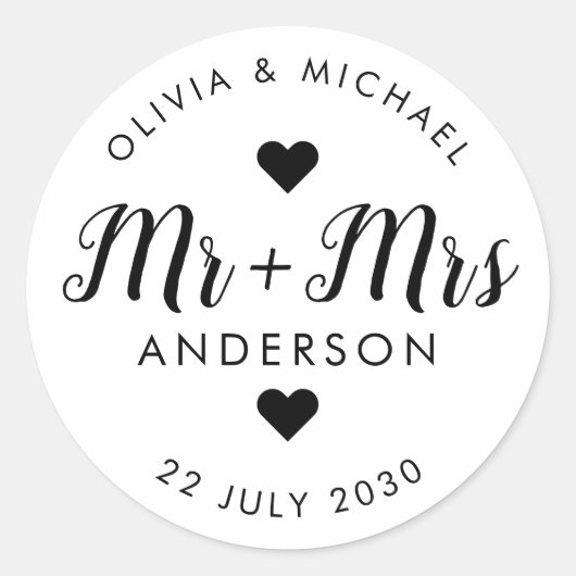 Mr. Mrs. Achternaam Script Huwelijksfeest Favor Ronde Sticker (Voorkant)