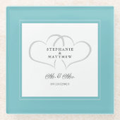 Mr & Mrs Aqua White Elegant Wedding Chic Hearts Glazen Onderzetter (Voorkant)