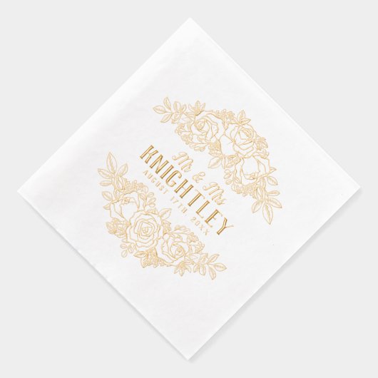 Mr & Mrs Beautiful Gold Foil Rozen Bloemenbruiloft Folie Servetten (Rechts)