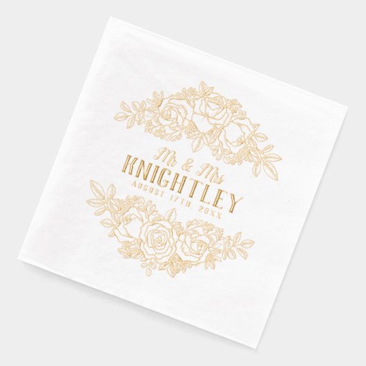 Mr & Mrs Beautiful Gold Foil Rozen Bloemenbruiloft Folie Servetten (Links)
