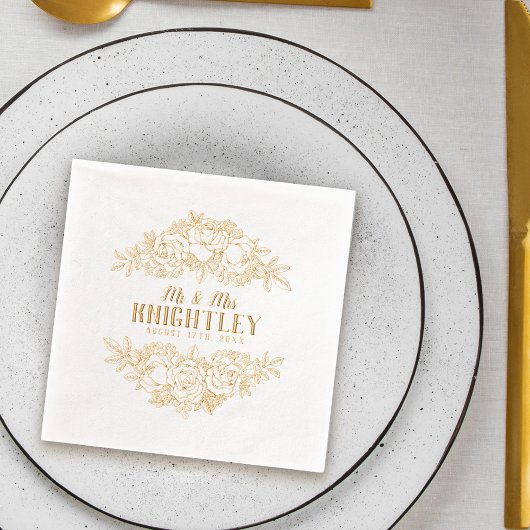 Mr & Mrs Beautiful Gold Foil Rozen Bloemenbruiloft Folie Servetten