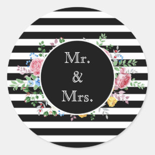 Mr. & Mrs Black and White Striped Flowers Ronde Sticker