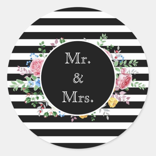 Mr. & Mrs Black and White Striped Flowers Ronde Sticker (Voorkant)