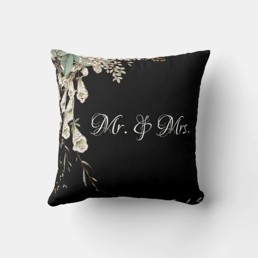 Mr. & Mrs Black Floral Script Elegant Wedding Kussen (Achterkant)