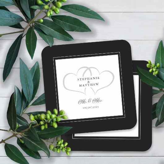 Mr & Mrs Black & White Elegant Hearts Wedding Chic Kartonnen Onderzetters