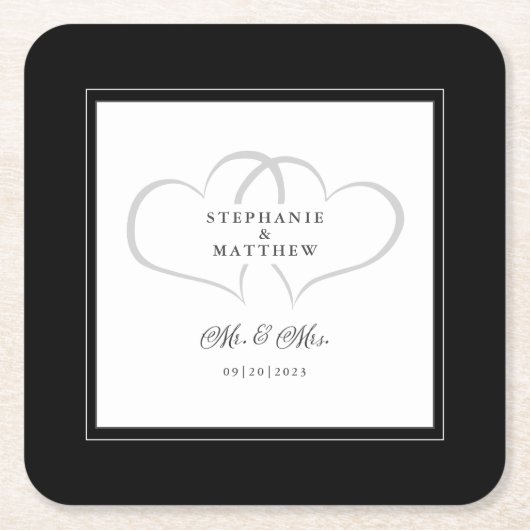 Mr & Mrs Black & White Elegant Hearts Wedding Chic Kartonnen Onderzetters (Voorkant)