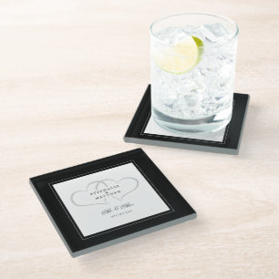Mr & Mrs Black & White Elegant Wedding Chic Hearts Glazen Onderzetter