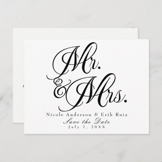 Mr & Mrs Black White Save the Date Uitnodiging (Voorkant / Achterkant)