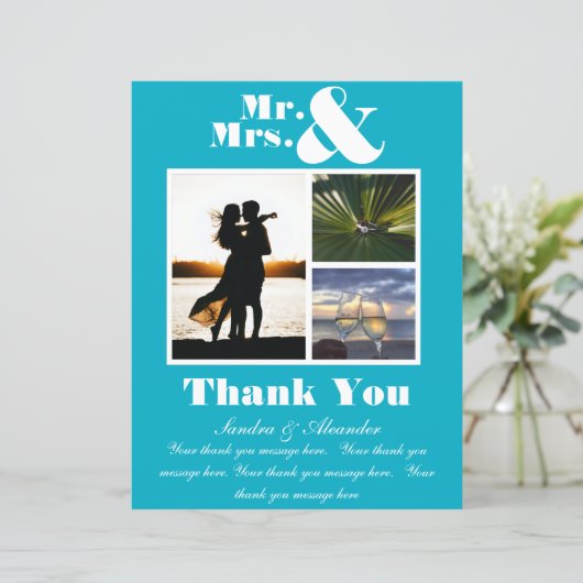 Mr Mrs Blauwgroen Blue Dank u Kaart Foto bruiloft (Staand voorkant)