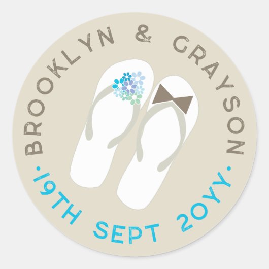 Mr & Mrs Blue Flowers Teenslippers Beach Bruiloft Ronde Sticker (Voorkant)