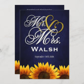 Mr & Mrs Blue Sunflower Wedding Invitations Kaart (Voorkant / Achterkant)