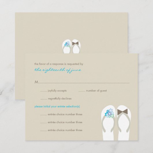 Mr & Mrs Blue Teenslippers Beach bruiloft RSVP-kaa RSVP Kaartje (Voorkant / Achterkant)