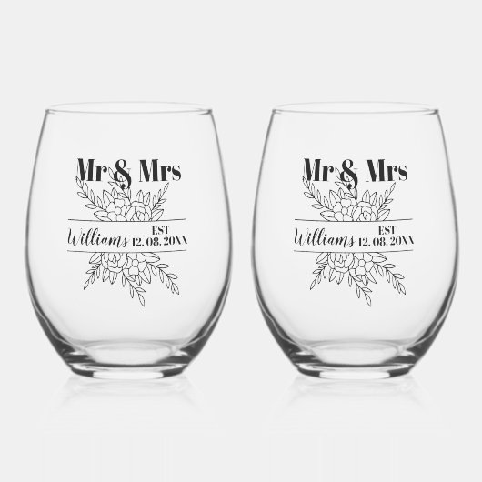 Mr & Mrs Boho Bruiloft Jubileum Familienaam Est Wijnglas Zonder Voet (Voorkant)
