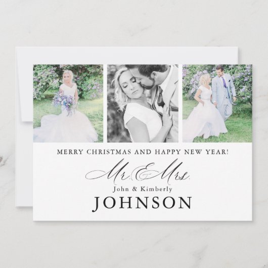 Mr & Mrs Bruiloft Fotocollage Modern Monogram Feestdagenkaart (Voorkant)