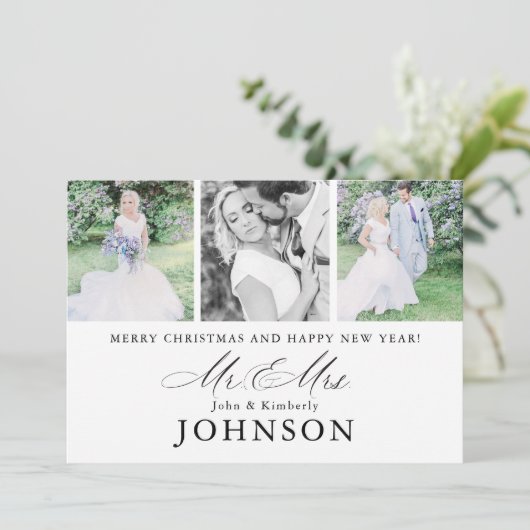 Mr & Mrs Bruiloft Fotocollage Modern Monogram Feestdagenkaart (Staand voorkant)