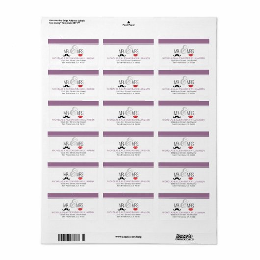 Mr & Mrs Bruiloft Retouradreslabels (lila) Etiket (Full Sheet)