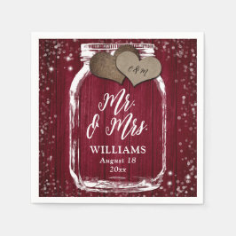 Mr. & Mrs. Burgundy Wood Mason Jar Barn Wedding Servet