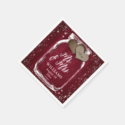 Mr. & Mrs. Burgundy Wood Mason Jar Barn Wedding Servet (Hoek)