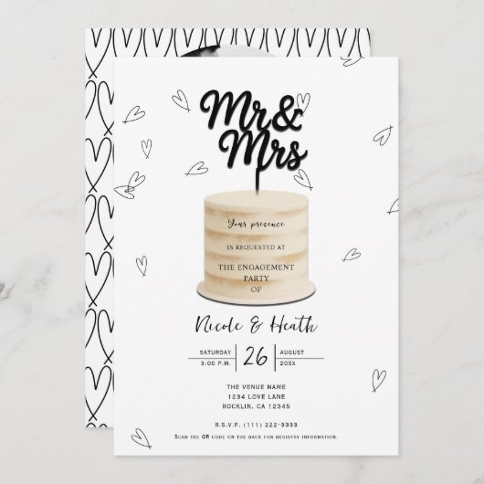 Mr & Mrs Cake & Hearts Zwart Wit Verloving Kaart (Voorkant / Achterkant)