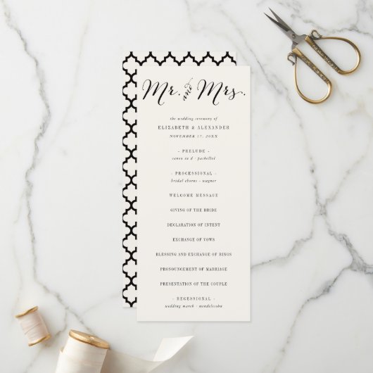 Mr & Mrs Calligraphy Script Geometric Chic Wedding Programmakaart (Voorkant / Achterkant in situ)