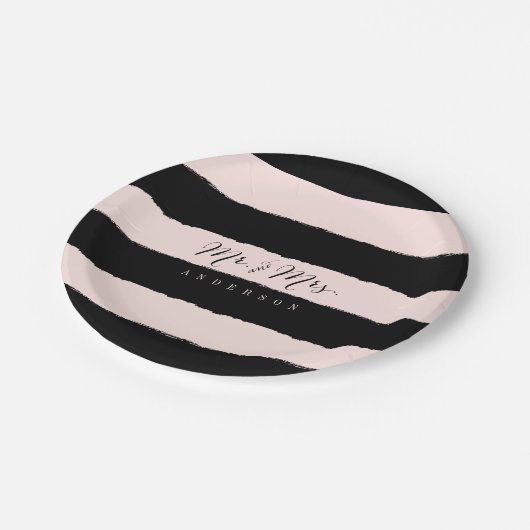 Mr & Mrs Chic Script Calligraphy Stripes Wedding Papieren Bordje (Gekanteld)