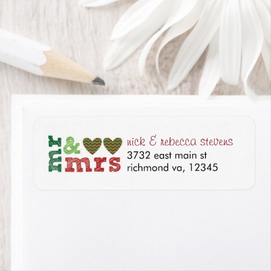 Mr & Mrs Christmas Hearts Adresetiketten Etiket (Insitu)