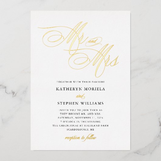 Mr & Mrs Classic Calligraphy Wedding Gold Folie Uitnodiging (Voorkant)