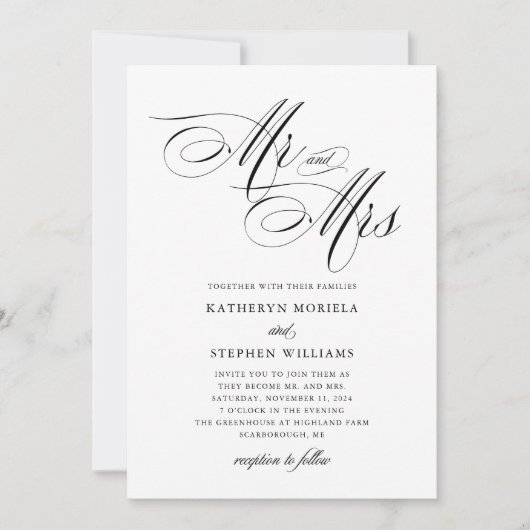 Mr & Mrs Classic Calligraphy Wedding Invitation Kaart (Voorkant)