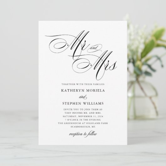 Mr & Mrs Classic Calligraphy Wedding Invitation Kaart (Staand voorkant)