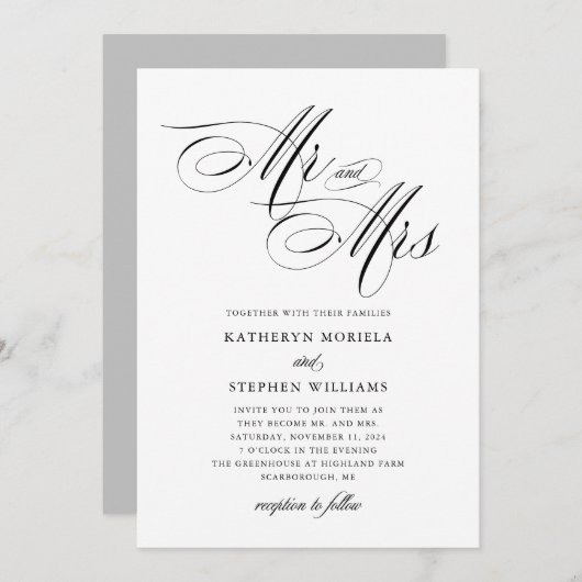 Mr & Mrs Classic Calligraphy Wedding Invitation Kaart (Voorkant / Achterkant)