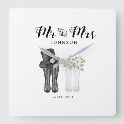 Mr & Mrs Clock Wedding Jubileum kerstcadeau Vierkante Klok (Voorkant)