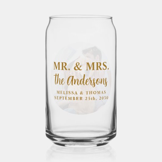 Mr & Mrs Custom Foto Modern Goud Elegant Bruiloft Blikvorm Glas (Achterkant)