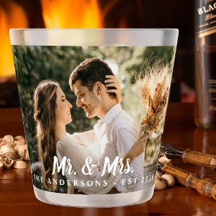 Mr & Mrs Custom Foto Modern Pas getrouwd Wedding Shot Glas
