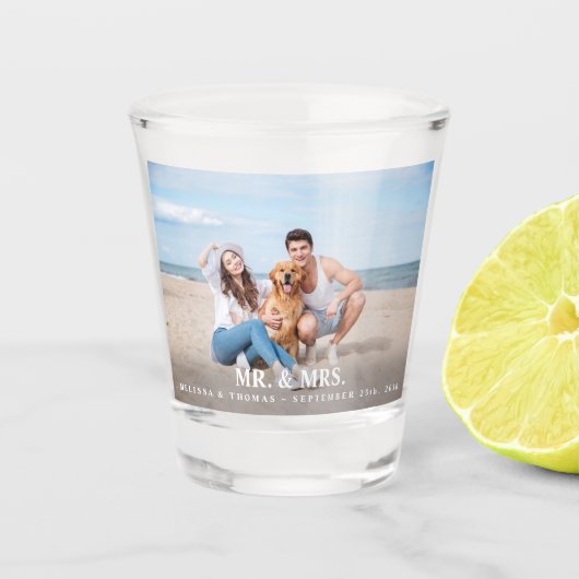 Mr & Mrs Custom Foto Pas getrouwd Name Date Weddin Shot Glas (Voorkant)