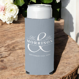 Mr Mrs Dusty Blue Romantische bruiloft gunst Seltzer Blikjeskoeler