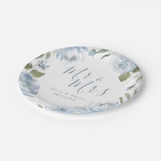 Mr & Mrs dusty blue waterverf floral bruiloft Papieren Bordje (Gekanteld)