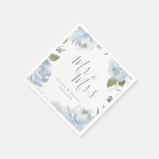 Mr & Mrs dusty blue waterverf floral bruiloft Servet (Hoek)