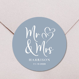 Mr Mrs Dusty Dusty Blue Wedding Ronde Sticker