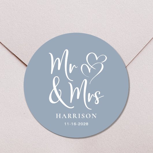 Mr Mrs Dusty Dusty Blue Wedding Ronde Sticker