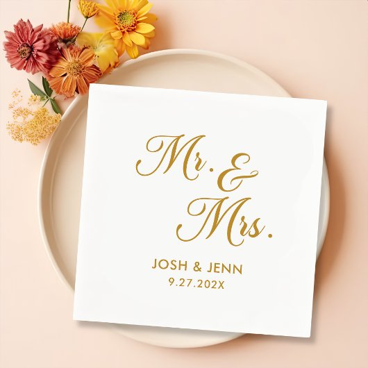 Mr & Mrs Eenvoudig Script Gouden Huwelijksservette Servet