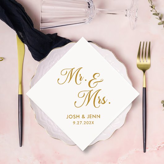 Mr & Mrs Eenvoudig Script Gouden Huwelijksservette Servet