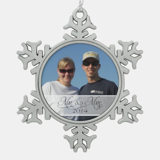 Mr & Mrs Eerste Kerstfoto Foto Afbeelding Tin Sneeuwvlok Ornament (Voorkant)