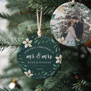 Mr. & Mrs. Eerste kerstfoto met huwelijk Keramisch Ornament