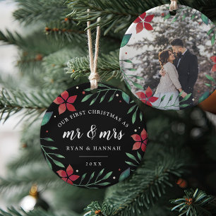 Mr. & Mrs. Eerste kerstfoto met huwelijk Keramisch Ornament
