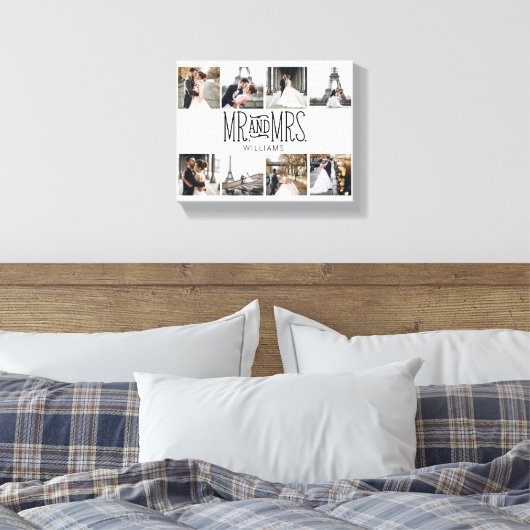 Mr. & Mrs Eight Photo Hand Lettered Monogram Canvas Afdruk (Insitu (Slaapkamer))